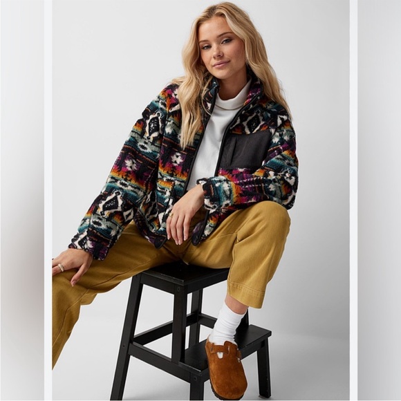 New In Aztec Print Sherpa Fleece Zip Jacket Southwest Boho Size L - Picture 1 of 12